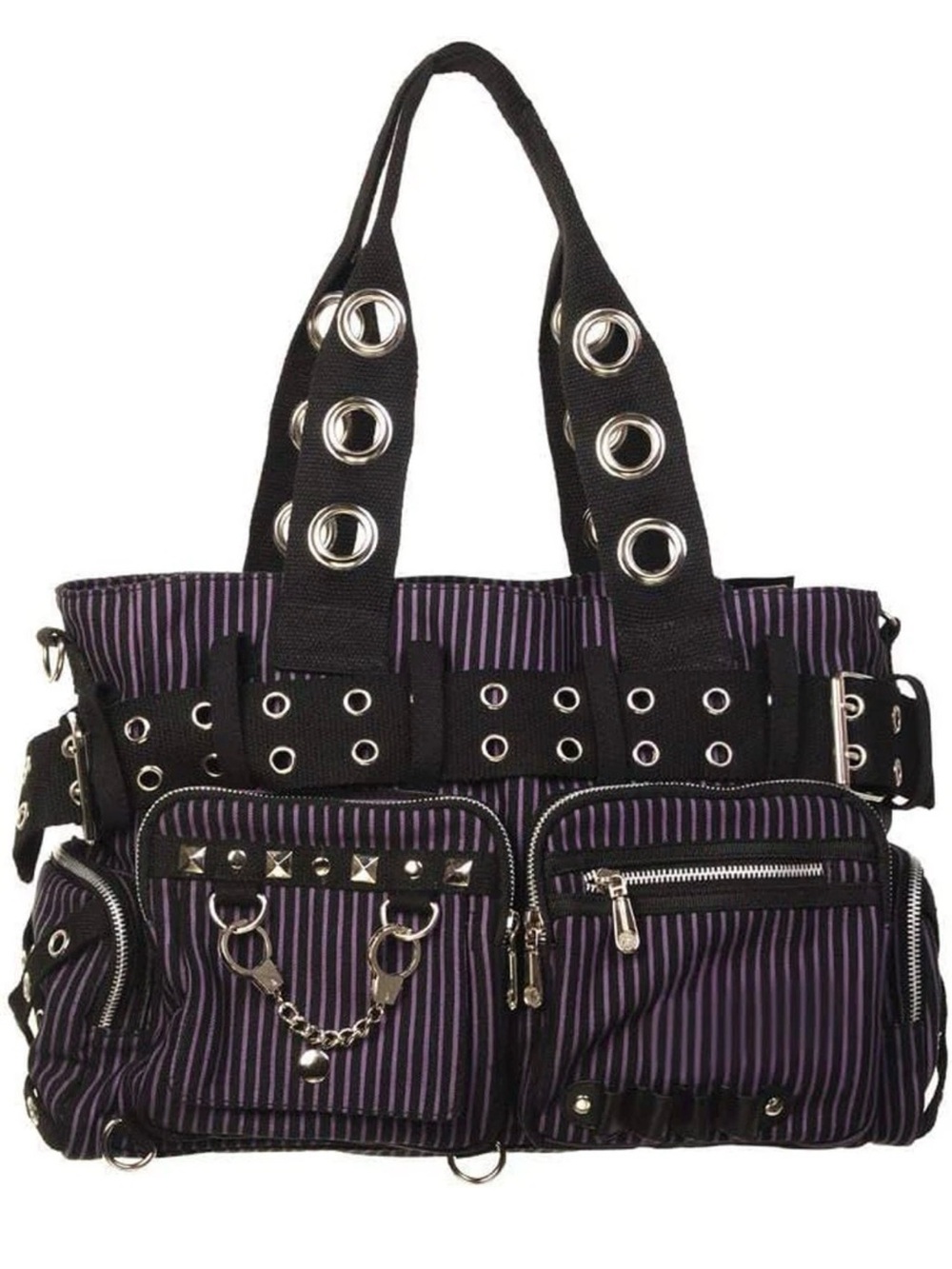 Punk Rock Steampunk Purse with Handcuff Skull Charm - Unique Striped Design